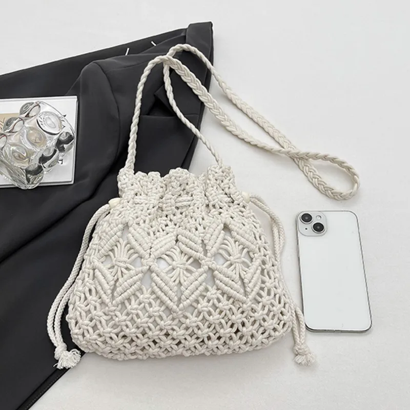 COLINS KEIRS Knitted Fabric Bucket Bags Crossbody Bag, Shoulder Bag Women's White/Khaki-2
