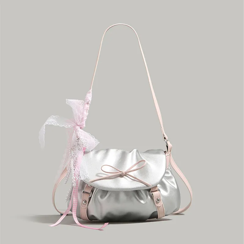 COLINS KEIRS Synthetic Leather Fashion Versatile Bowknot Handbag Crossbody Bag, Shoulder Bag Regular Women's Silver-1