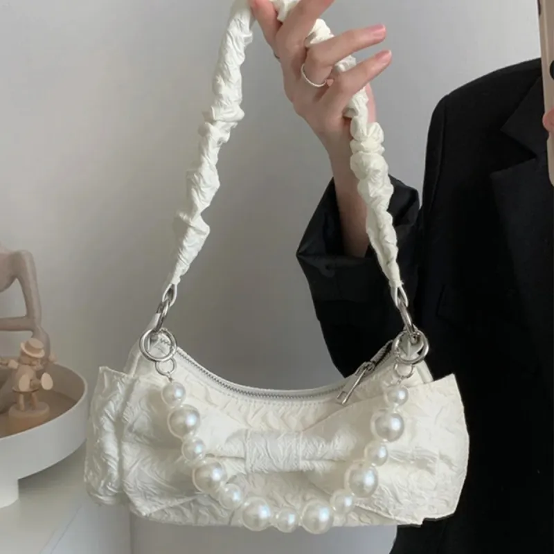 COLINS KEIRS Nylon High Texture Small Bag, Pearl Chain, Shoulder Bag, Crossbody Bag Handbag Regular Women's Ecru-6