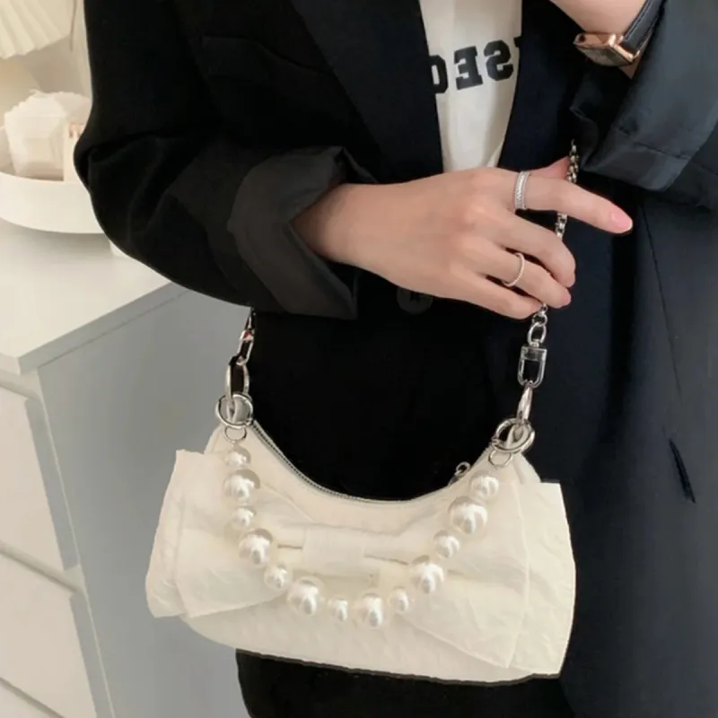 COLINS KEIRS Nylon High Texture Small Bag, Pearl Chain, Shoulder Bag, Crossbody Bag Handbag Regular Women's Ecru-4
