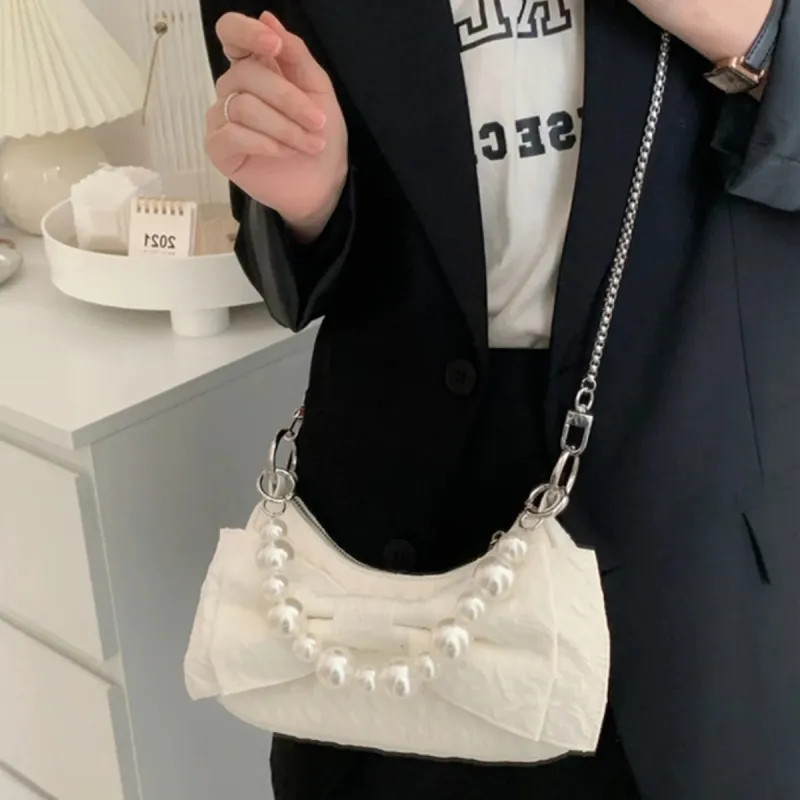 COLINS KEIRS Nylon High Texture Small Bag, Pearl Chain, Shoulder Bag, Crossbody Bag Handbag Regular Women's Ecru-5