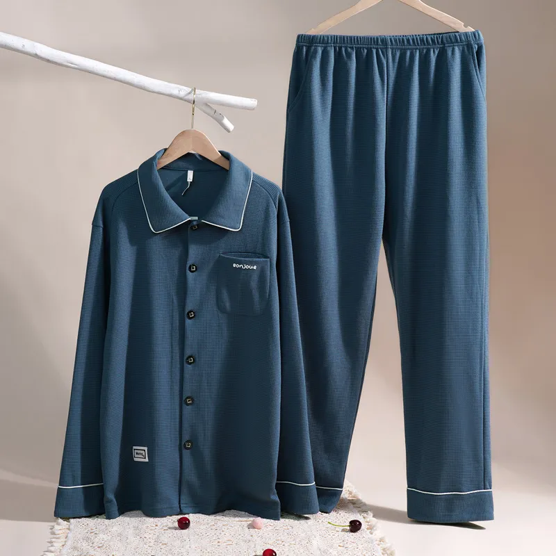 Dorame Long Sleeved Pants Home Set Men's Dark Blue-4