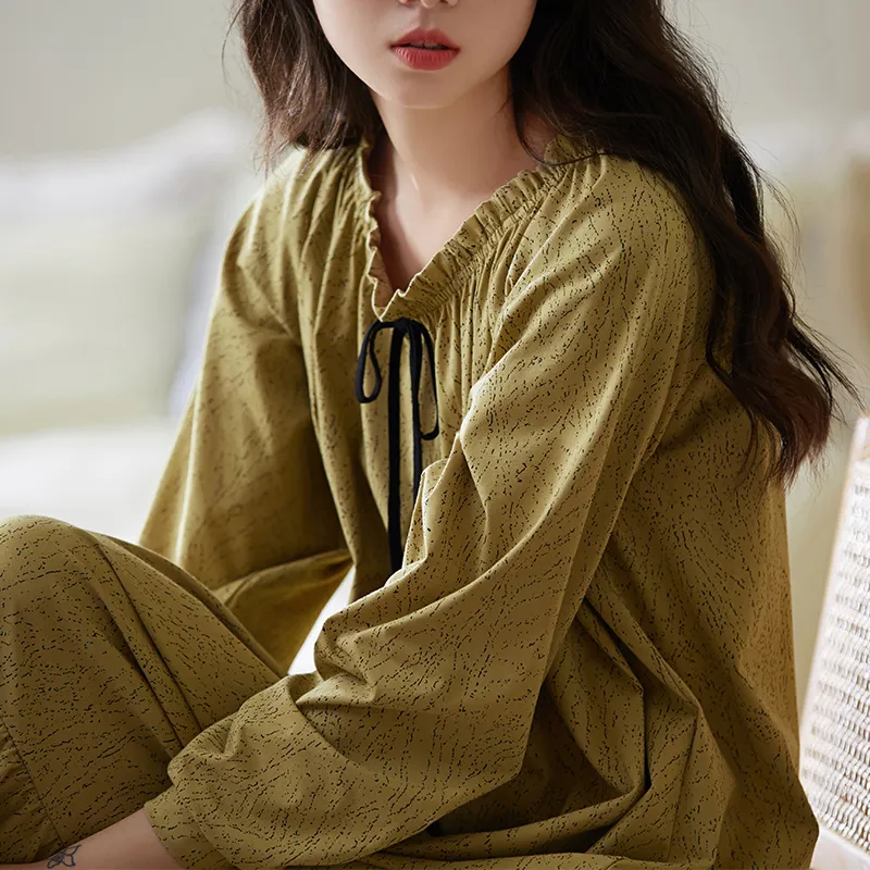 Sha Qian Nightgown Spring And Fall Season Women's Mustard Green-1