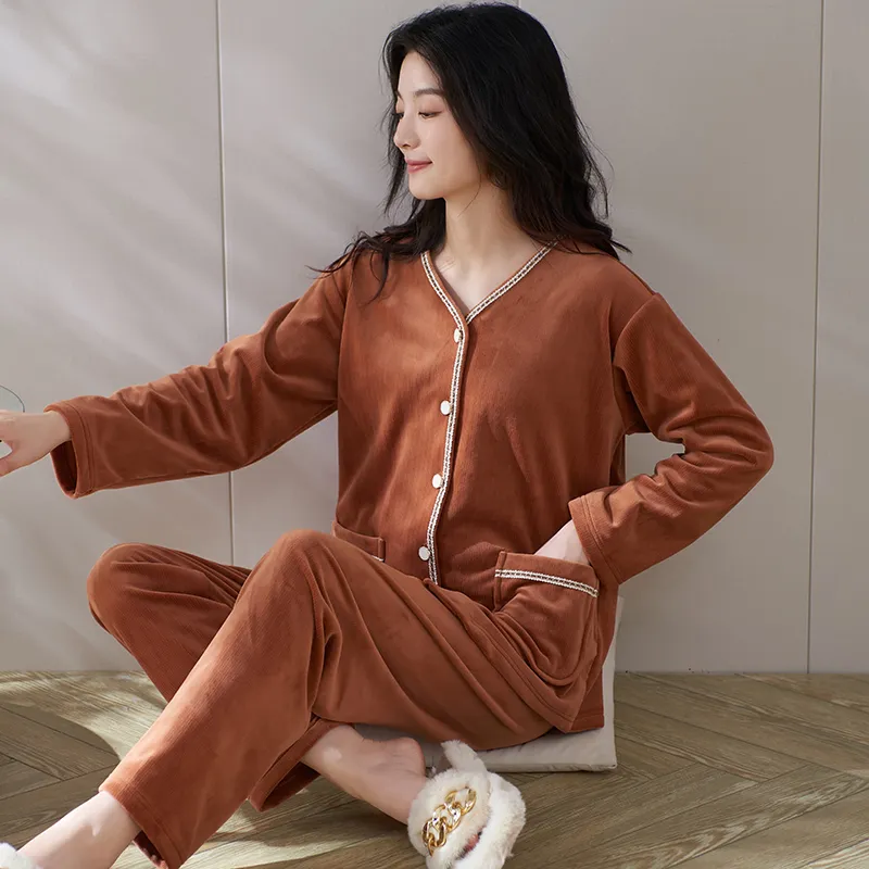 Sha Qian Pajama Set Women's Yellow Coffee-4