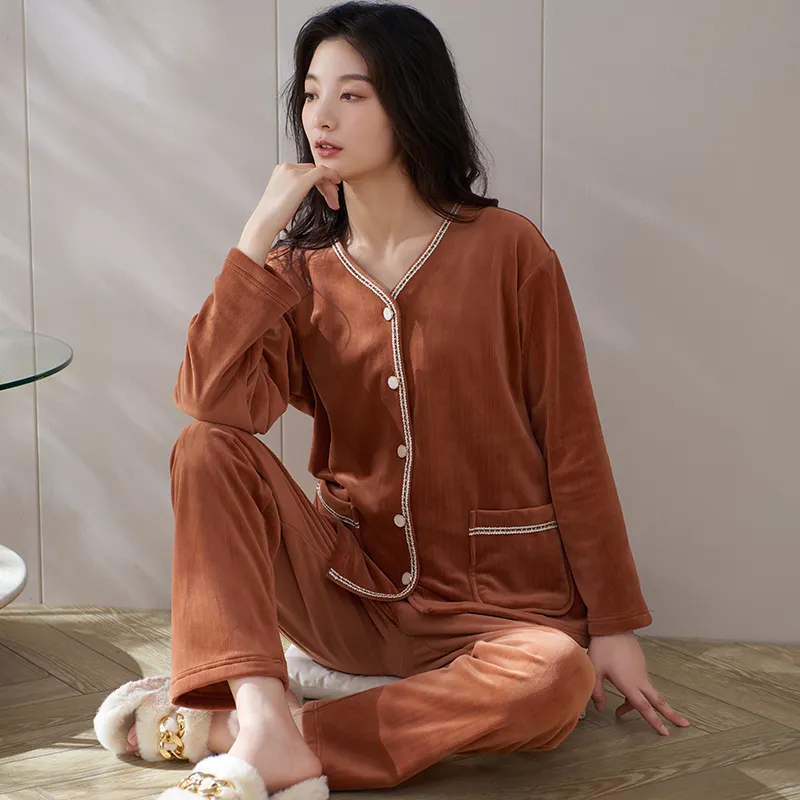 Sha Qian Pajama Set Women's Yellow Coffee-3