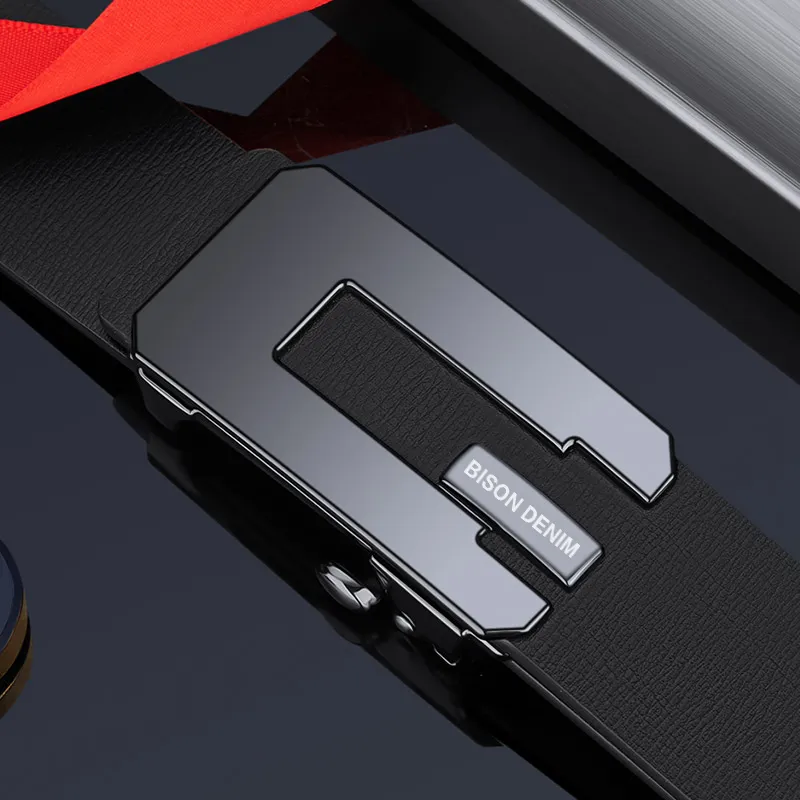 BISON DENIM Business Minimalist Automatic Buckle Belt Toothless Leather Belts Men's Width  3.2CM-1