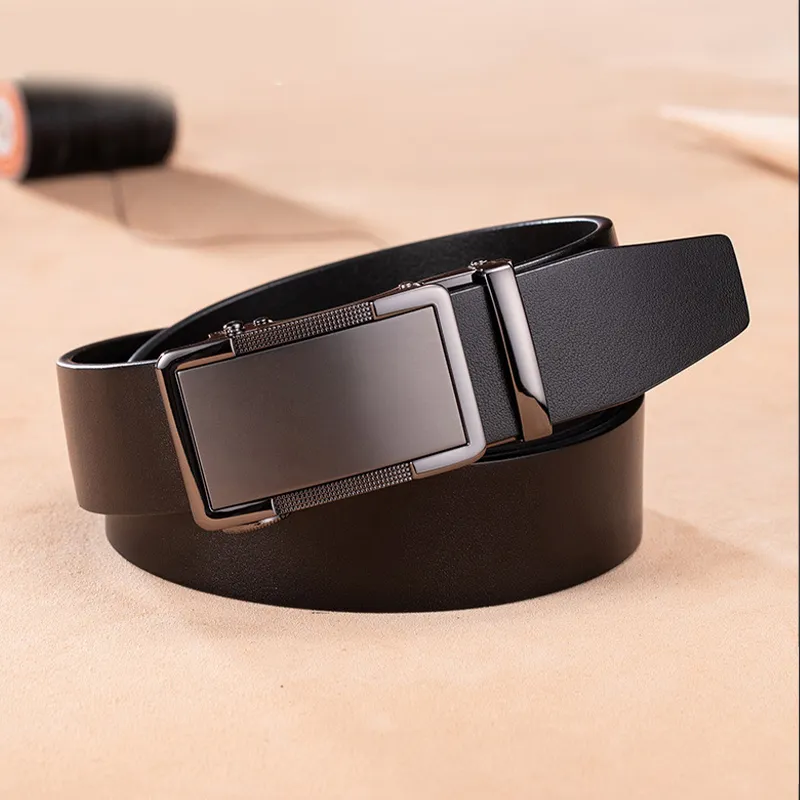 BISON DENIM Business Casual New Arrival Top Grain Cow Leather Automatic Buckle Belt Men's Black/Coffee Width 3.5cm-2