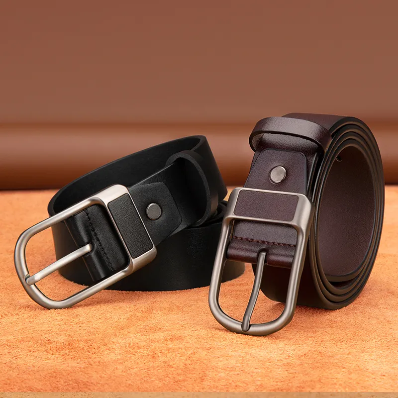 BISON DENIM Minimalist Style Design Casual Business Pin Buckle Cow Split Leather Leather Belts Men's Black/Dark Brown-9