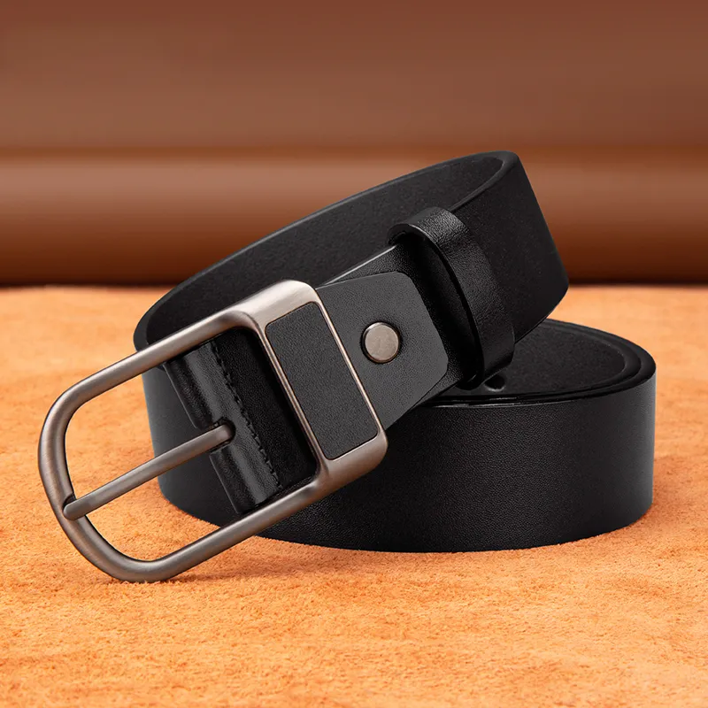 BISON DENIM Minimalist Style Design Casual Business Pin Buckle Cow Split Leather Leather Belts Men's Black/Dark Brown-2