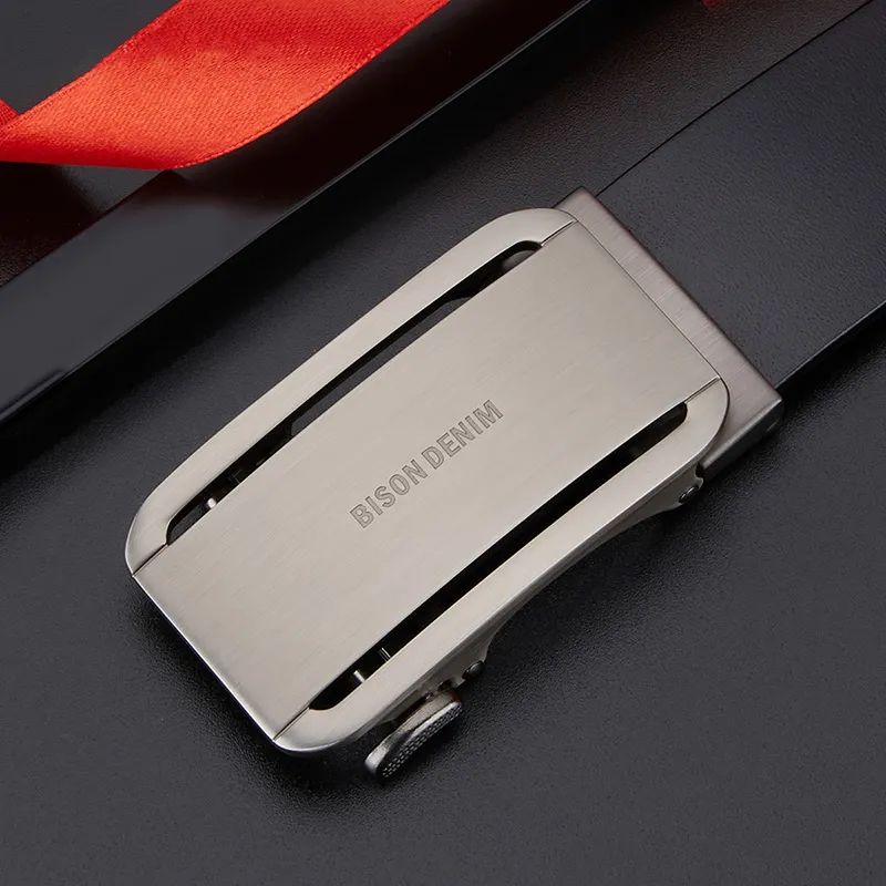 BISON DENIM Top Grain Cow Leather Automatic Buckle Belt Men's Black Width 3.5cm-1