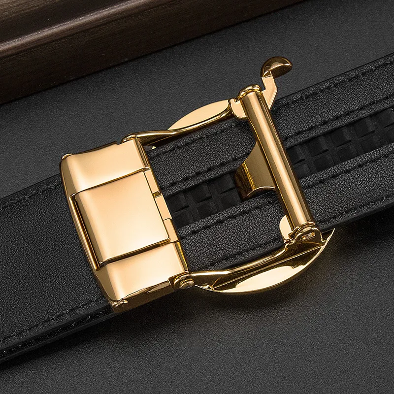 BISON DENIM Elegant Crocodile Pattern Automatic Buckle Top Grain Cow Leather Leather Belts Men's Gold/Silver 3.5CM-3
