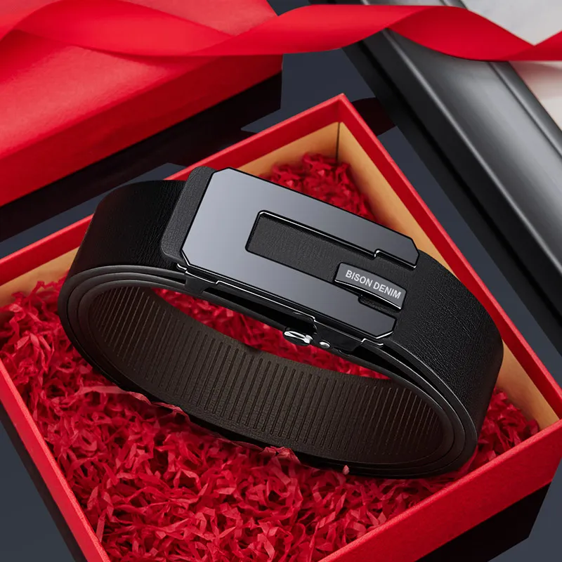 BISON DENIM Business Minimalist Automatic Buckle Belt Toothless Leather Belts Men's Width  3.2CM-7