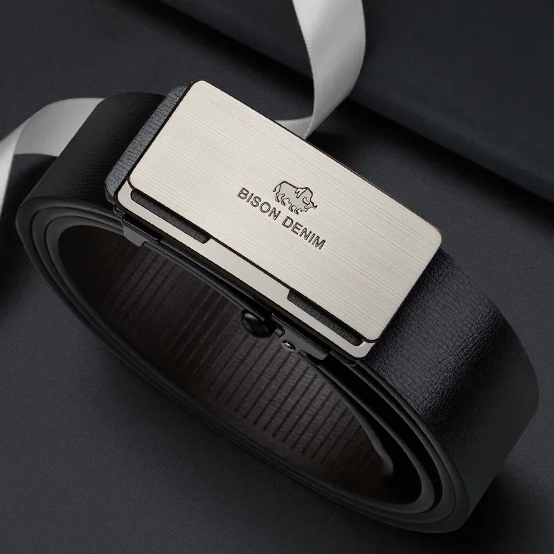 BISON DENIM Men's Minimalist Design Casual Style Cow Split Leather Automatic Buckle Belt Men's 3.2cm-6