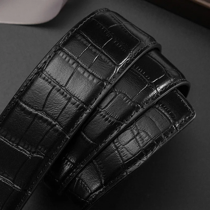 BISON DENIM Elegant Crocodile Pattern Automatic Buckle Top Grain Cow Leather Leather Belts Men's Gold/Silver 3.5CM-8