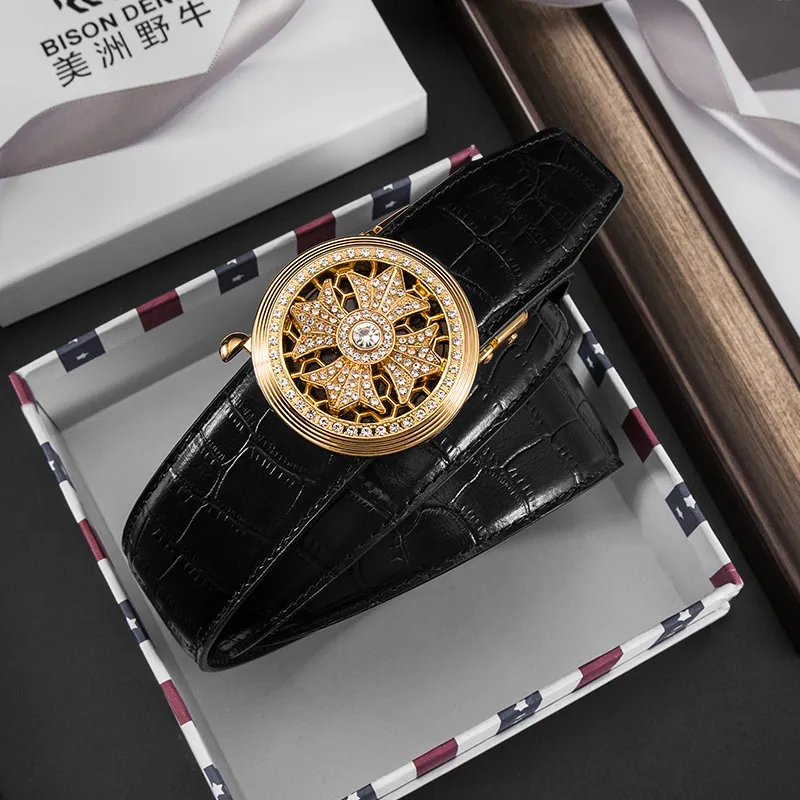 BISON DENIM Elegant Crocodile Pattern Automatic Buckle Top Grain Cow Leather Leather Belts Men's Gold/Silver 3.5CM-2