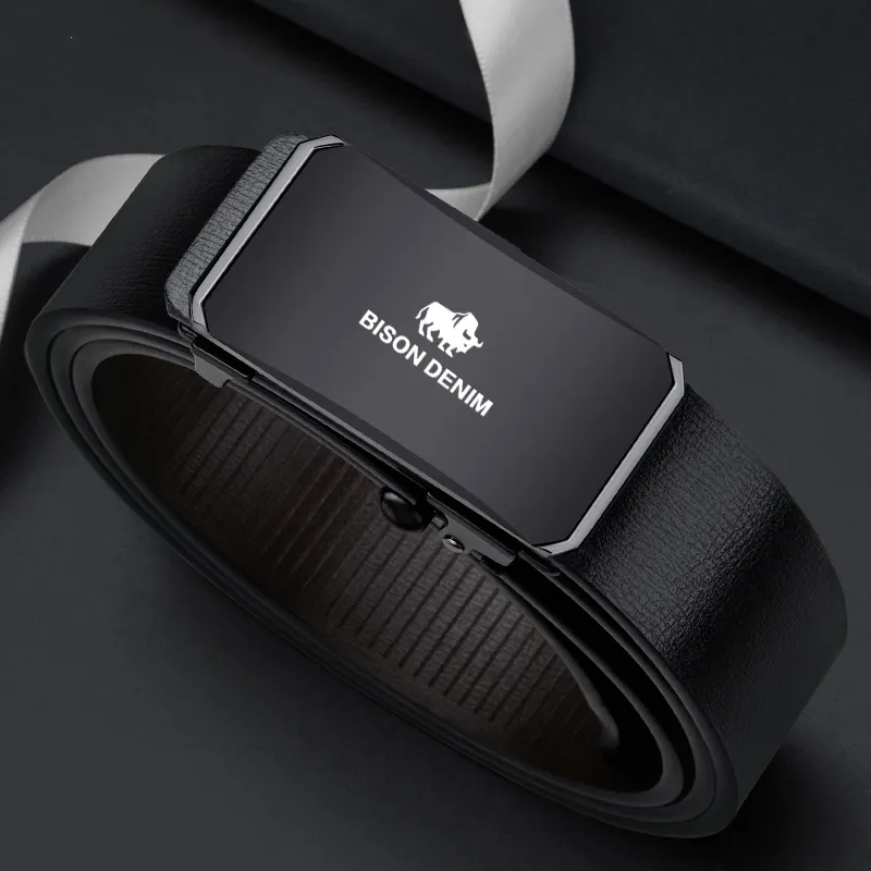 BISON DENIM Durable Wear Resistant Business Cow Split Leather/PU Leather Belts Men's Black-4