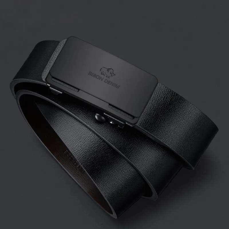 BISON DENIM Men's Minimalist Design Casual Style Cow Split Leather Automatic Buckle Belt Men's 3.2cm-2