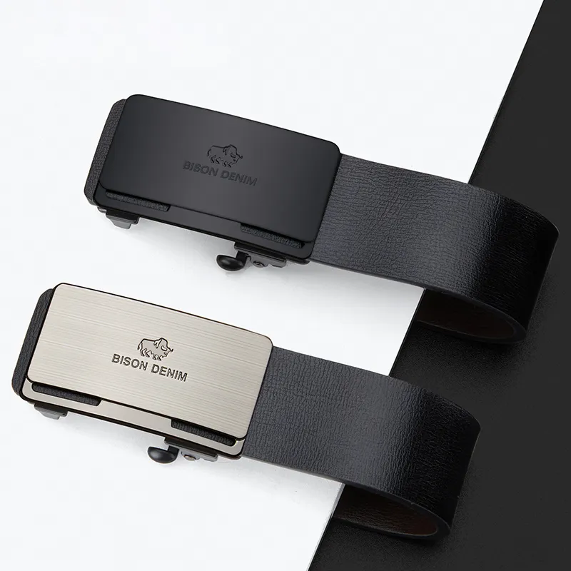BISON DENIM Men's Minimalist Design Casual Style Cow Split Leather Automatic Buckle Belt Men's 3.2cm-9