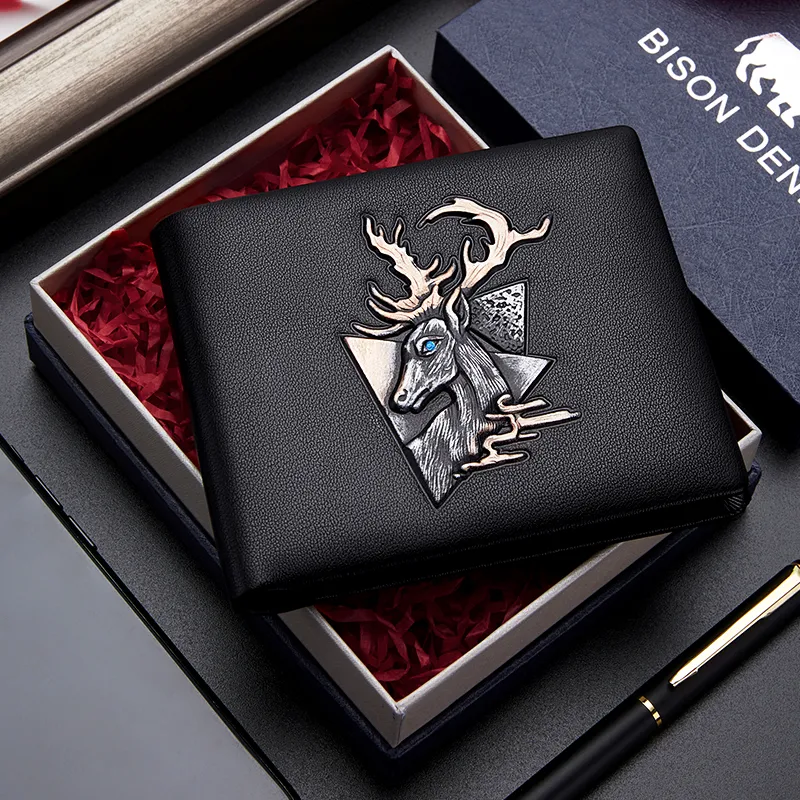 BISON DENIM Cow Leather Wallet Card Holder Wallet Men's Black-4