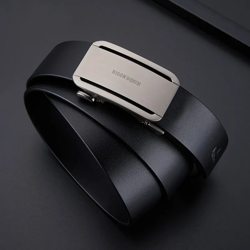 BISON DENIM Top Grain Cow Leather Automatic Buckle Belt Men's Black Width 3.5cm-2