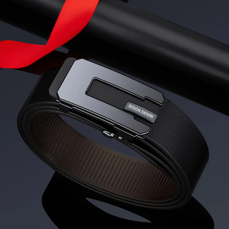 BISON DENIM Business Minimalist Automatic Buckle Belt Toothless Leather Belts Men's Width  3.2CM-6