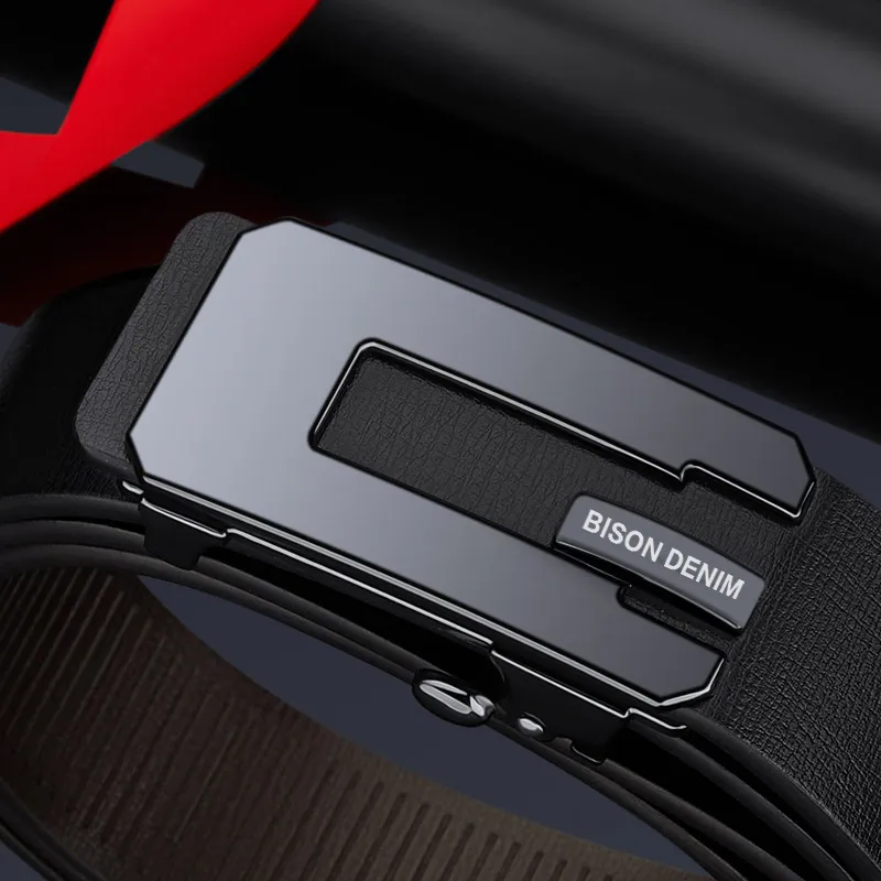 BISON DENIM Business Minimalist Automatic Buckle Belt Toothless Leather Belts Men's Width  3.2CM-4