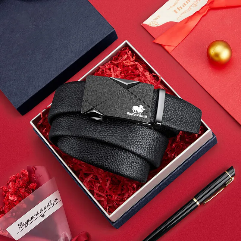 BISON DENIM New Arrival Business Casual Style Top Grain Cow Leather Automatic Buckle Belt Men's Width 3.5cm-3