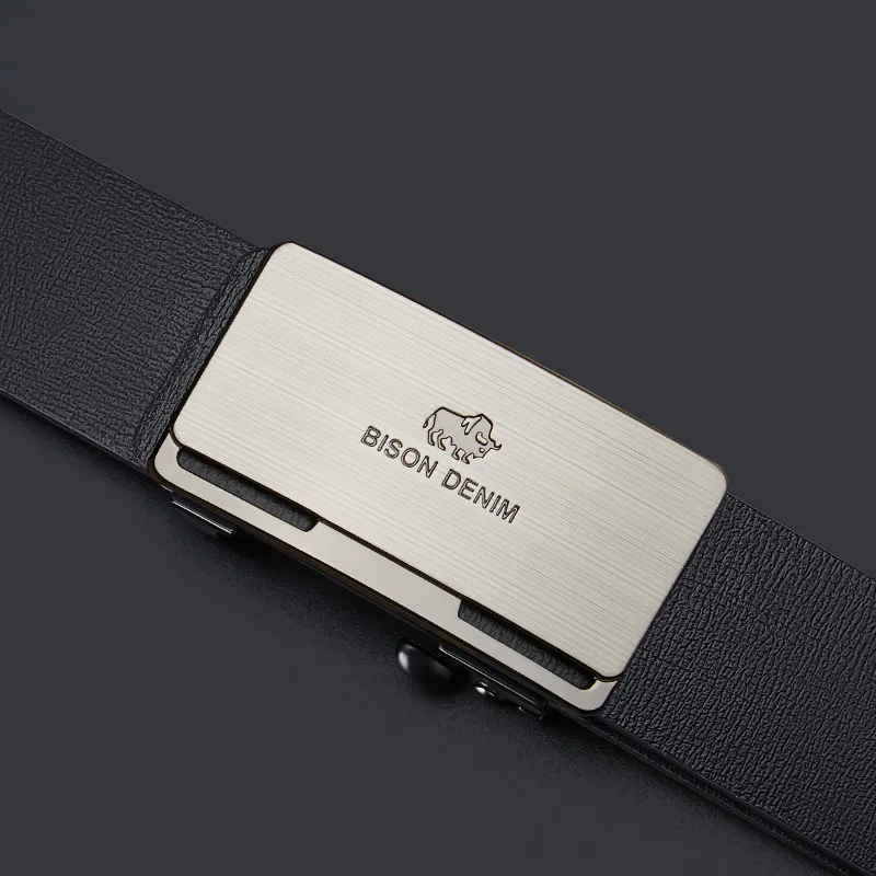 BISON DENIM Men's Minimalist Design Casual Style Cow Split Leather Automatic Buckle Belt Men's 3.2cm-10