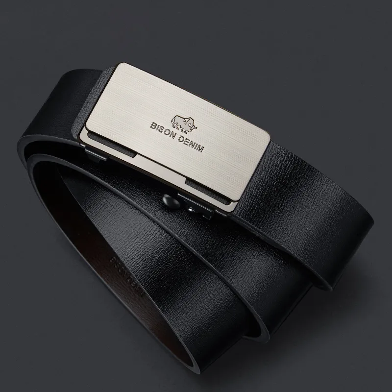 BISON DENIM Men's Minimalist Design Casual Style Cow Split Leather Automatic Buckle Belt Men's 3.2cm-7