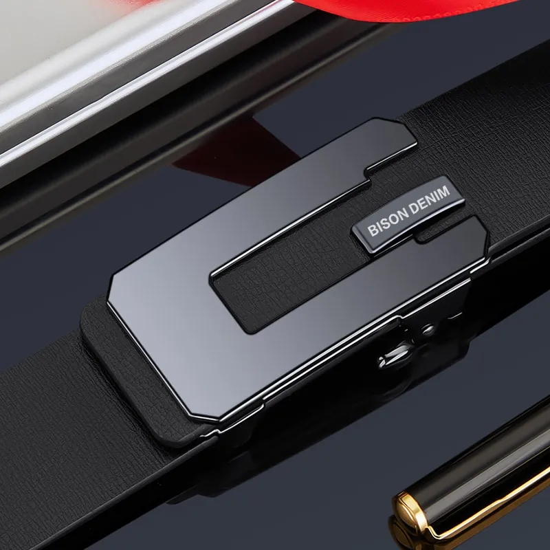 BISON DENIM Business Minimalist Automatic Buckle Belt Toothless Leather Belts Men's Width  3.2CM-3