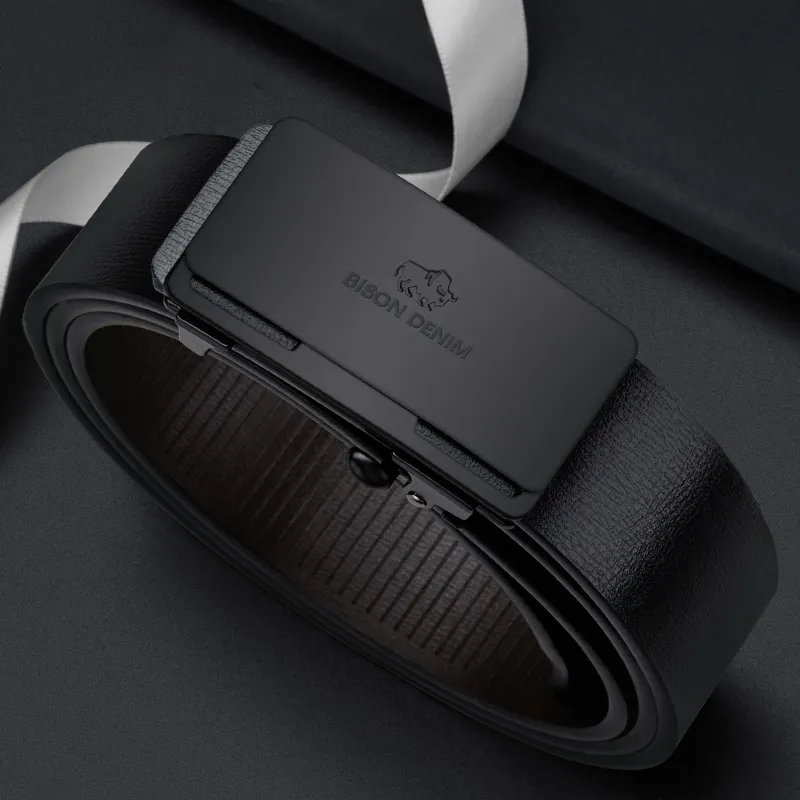 BISON DENIM Men's Minimalist Design Casual Style Cow Split Leather Automatic Buckle Belt Men's 3.2cm-3