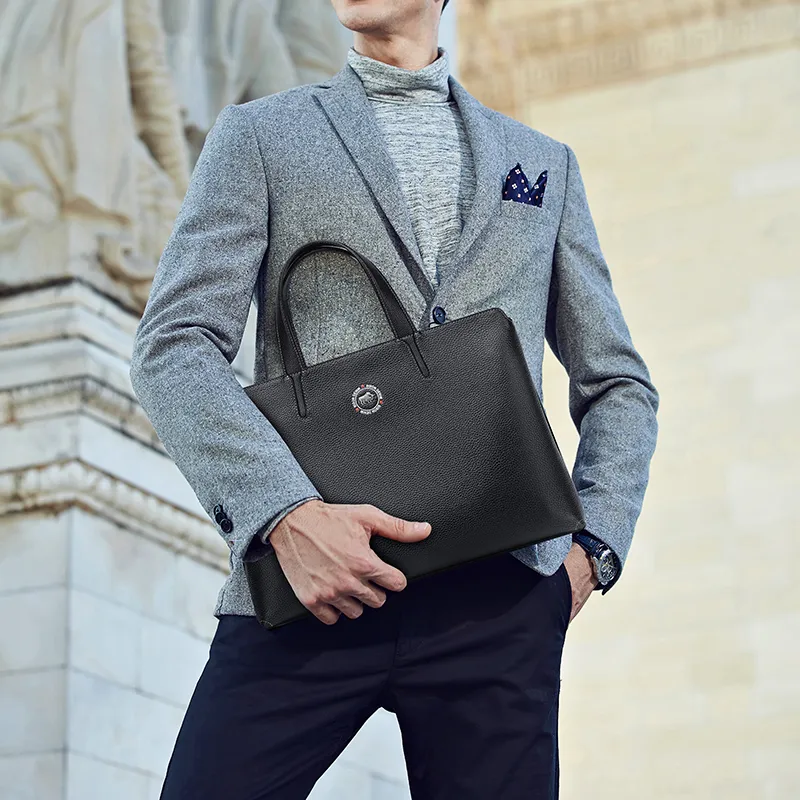 BISON DENIM Cow Leather Briefcases Handbags Regular Men's Black-7