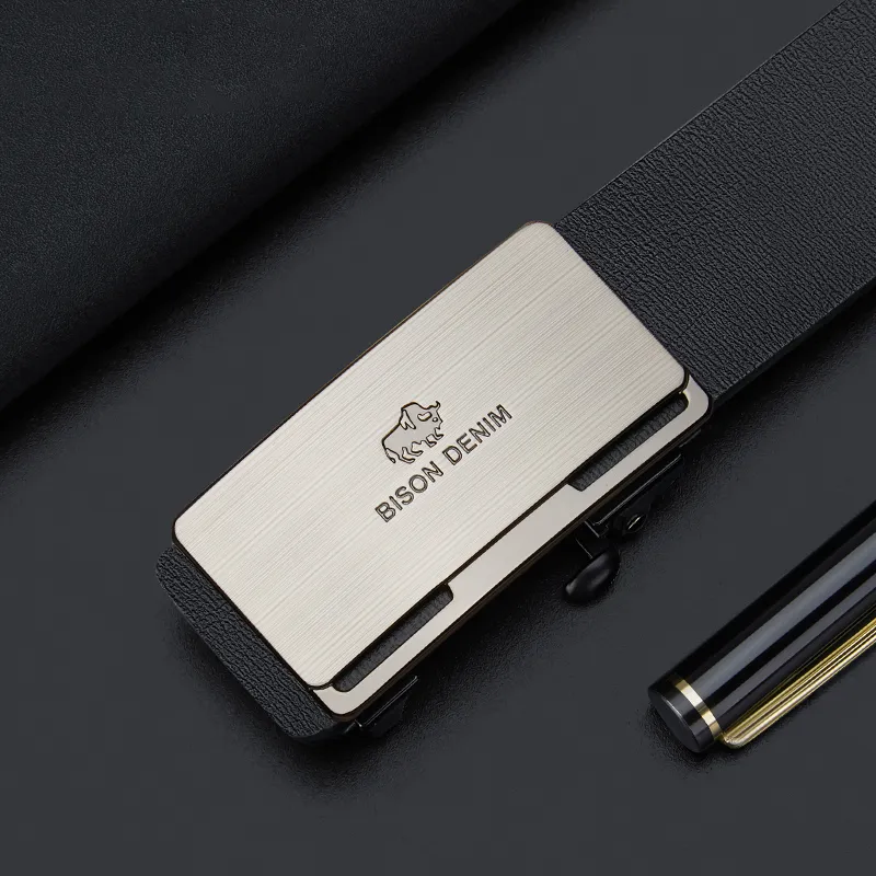 BISON DENIM Men's Minimalist Design Casual Style Cow Split Leather Automatic Buckle Belt Men's 3.2cm-8