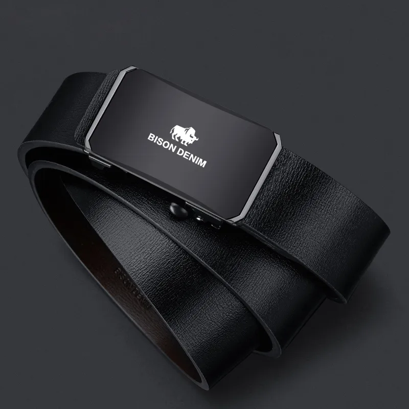 BISON DENIM Durable Wear Resistant Business Cow Split Leather/PU Leather Belts Men's Black-3