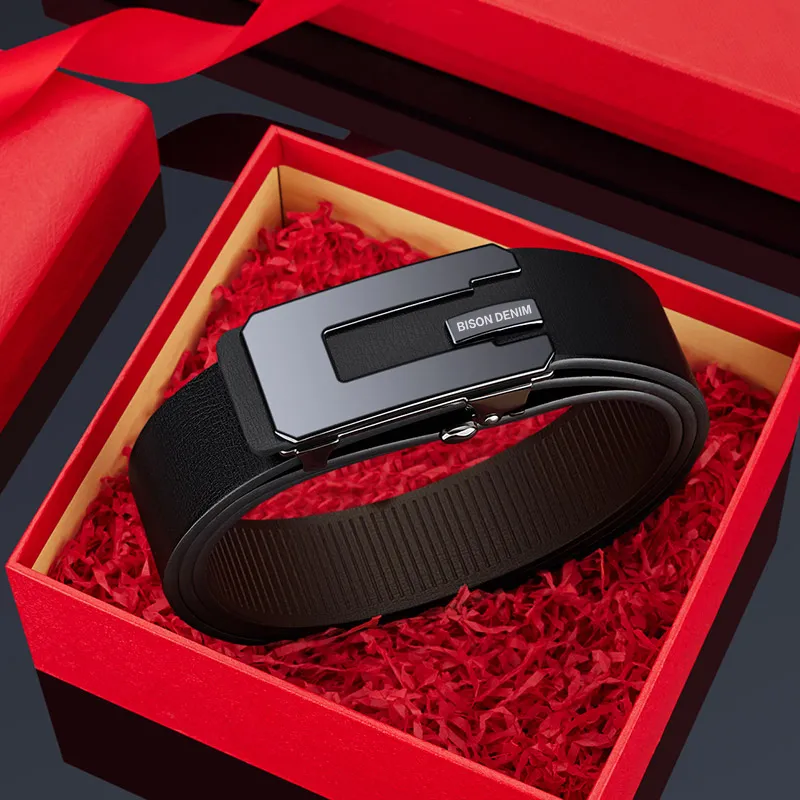BISON DENIM Business Minimalist Automatic Buckle Belt Toothless Leather Belts Men's Width  3.2CM-8