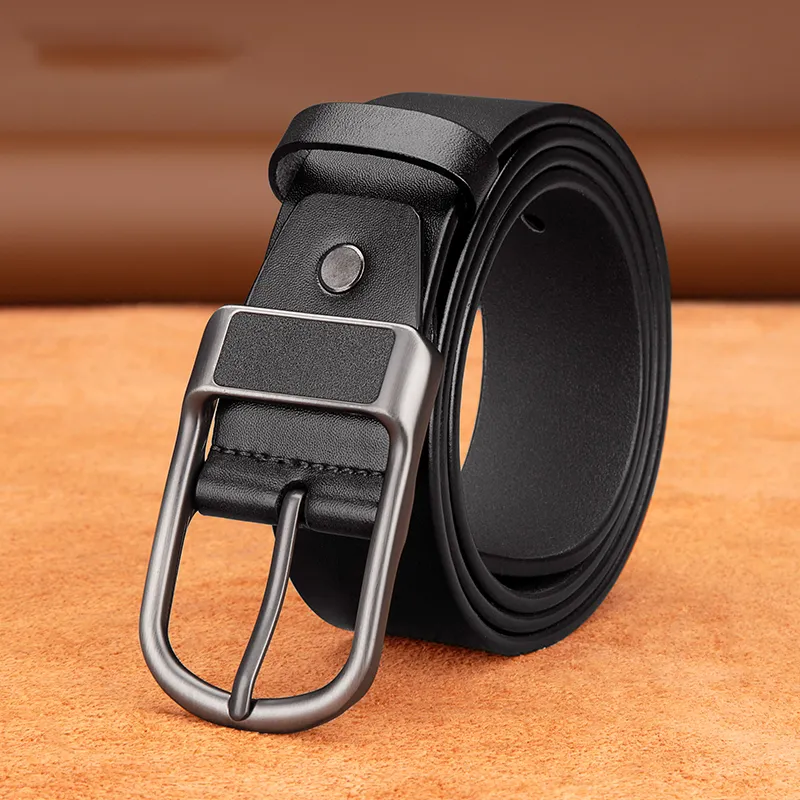 BISON DENIM Minimalist Style Design Casual Business Pin Buckle Cow Split Leather Leather Belts Men's Black/Dark Brown-3