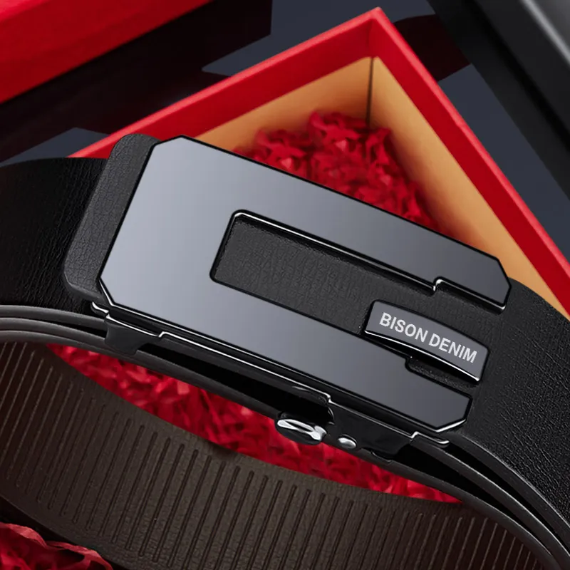 BISON DENIM Business Minimalist Automatic Buckle Belt Toothless Leather Belts Men's Width  3.2CM-5