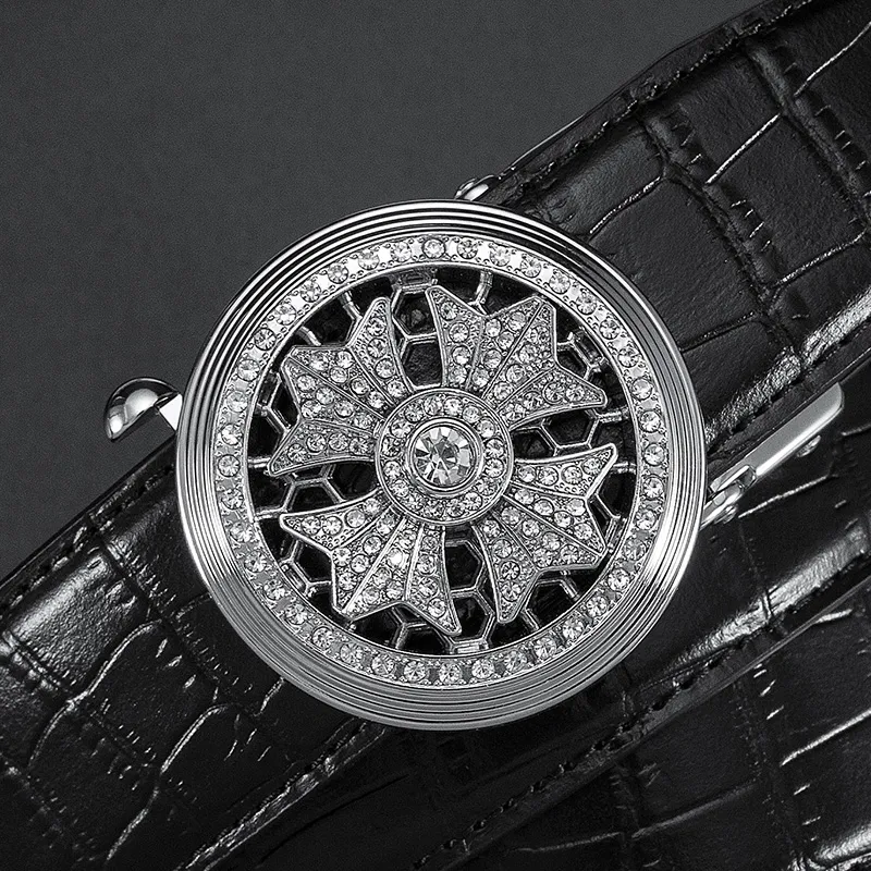 BISON DENIM Elegant Crocodile Pattern Automatic Buckle Top Grain Cow Leather Leather Belts Men's Gold/Silver 3.5CM-7