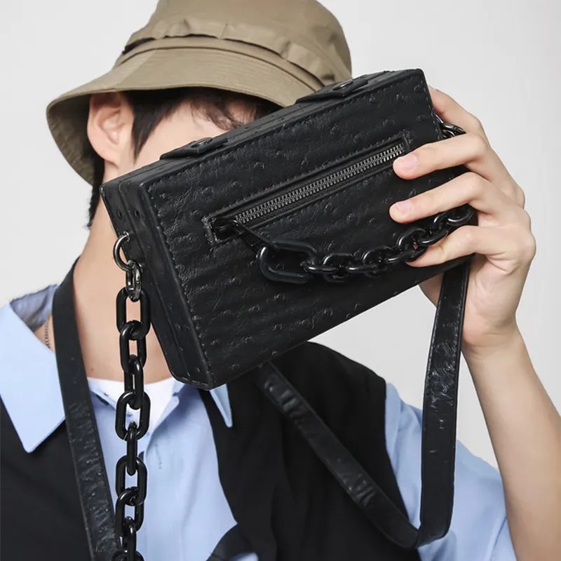 HAWA PU Small Square Bag Crossbody Bag Box Bag Cell Phone Pouch Small Size Unisex Black Chain/Black Orange Chain-1