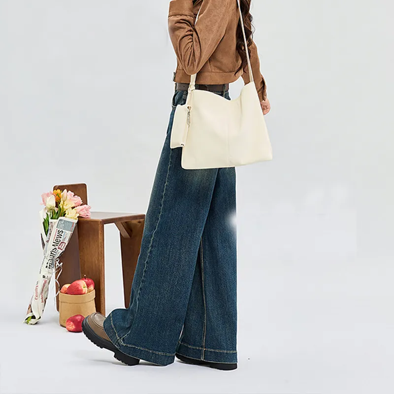 HAWA PU Tote Crossbody Bag, Shoulder Bag Women's Ivory White/Navy Blue-3