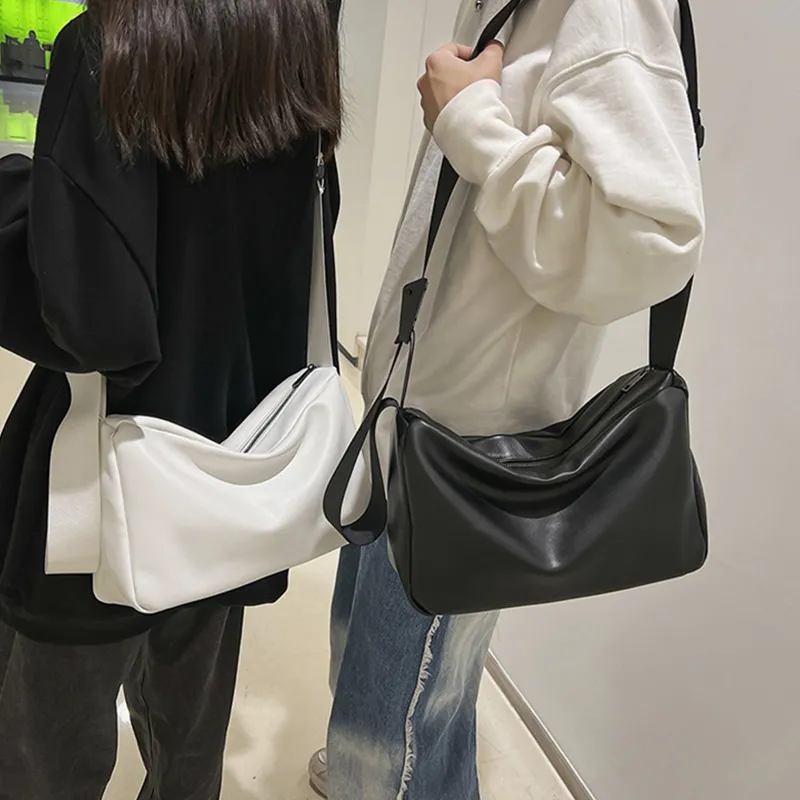 HAWA PU Casual Shoulder Bag Crossbody Bag Large Size Unisex Black/White-3