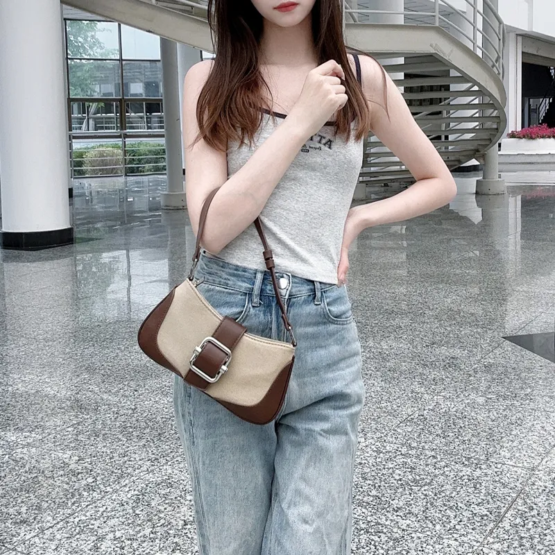 HAWA PU/Canvas Canvas Bag Shoulder Bag Baguette Bag Dumpling Bag Shoulder Bag Medium Size Women's Multicolor-23