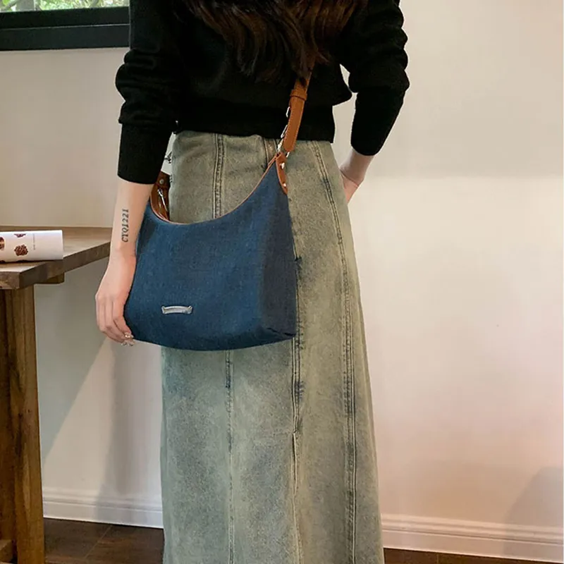 HAWA Denim Tote Bag Shopping Bag Shoulder Bag Handbag Crossbody Bag Shoulder Bag Medium Size Women's Denim Blue-3