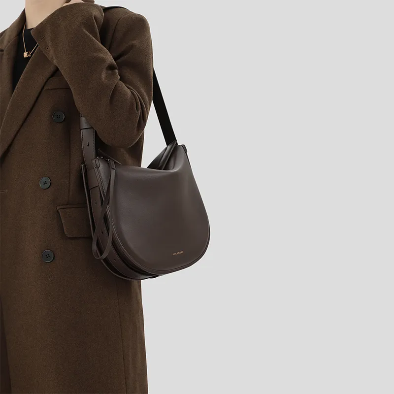 Tanita West Cow Leather Saddle Bag, Shoulder Bag Medium Size Women's Coffee/Black-2