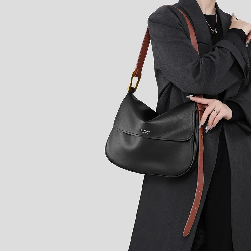 Tanita West Cow Leather Tote Bag Shopping Bag Shoulder Bag Crossbody Bag Large Size Women's Black-1