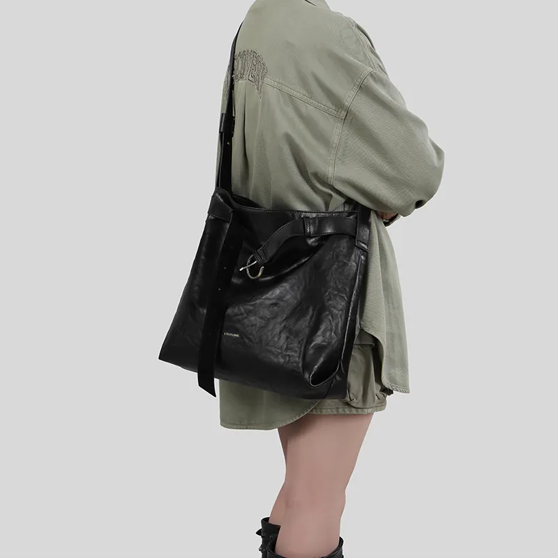 Tanita West Cow Leather Bucket Bags Shoulder Bags Large Size Women's Black-6