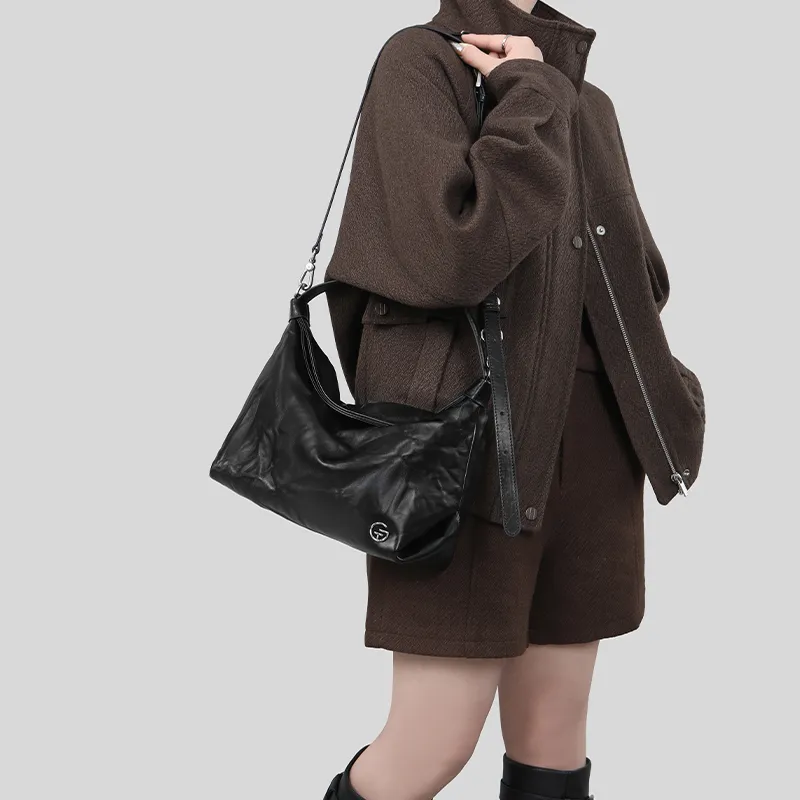 Tanita West Cow Leather Tote Bag Shoulder Bag Medium Size Women's Black-2