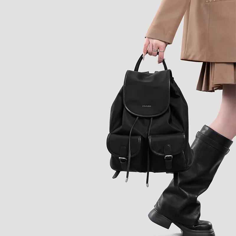 Tanita West Nylon Fabric With Cow Leather Backpack Tubas Women's Black-6