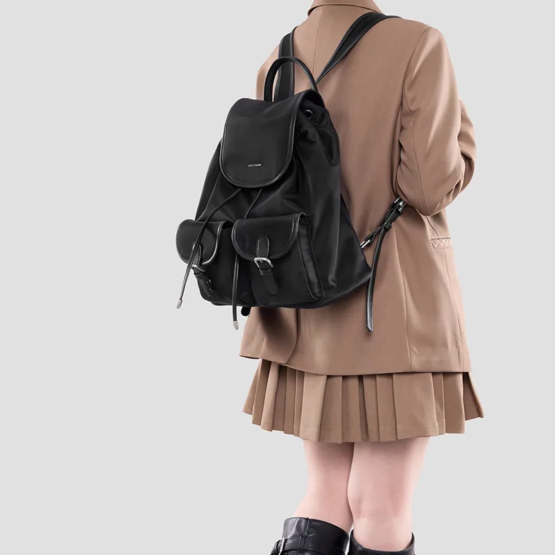 Tanita West Nylon Fabric With Cow Leather Backpack Tubas Women's Black-4