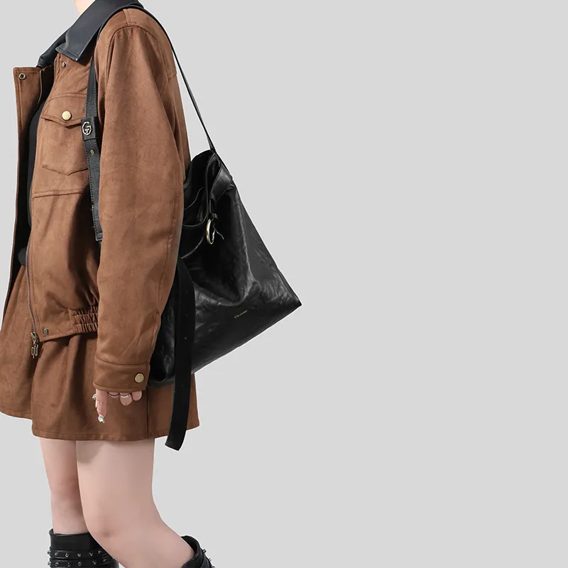 Tanita West Cow Leather Bucket Bags Shoulder Bags Large Size Women's Black-4